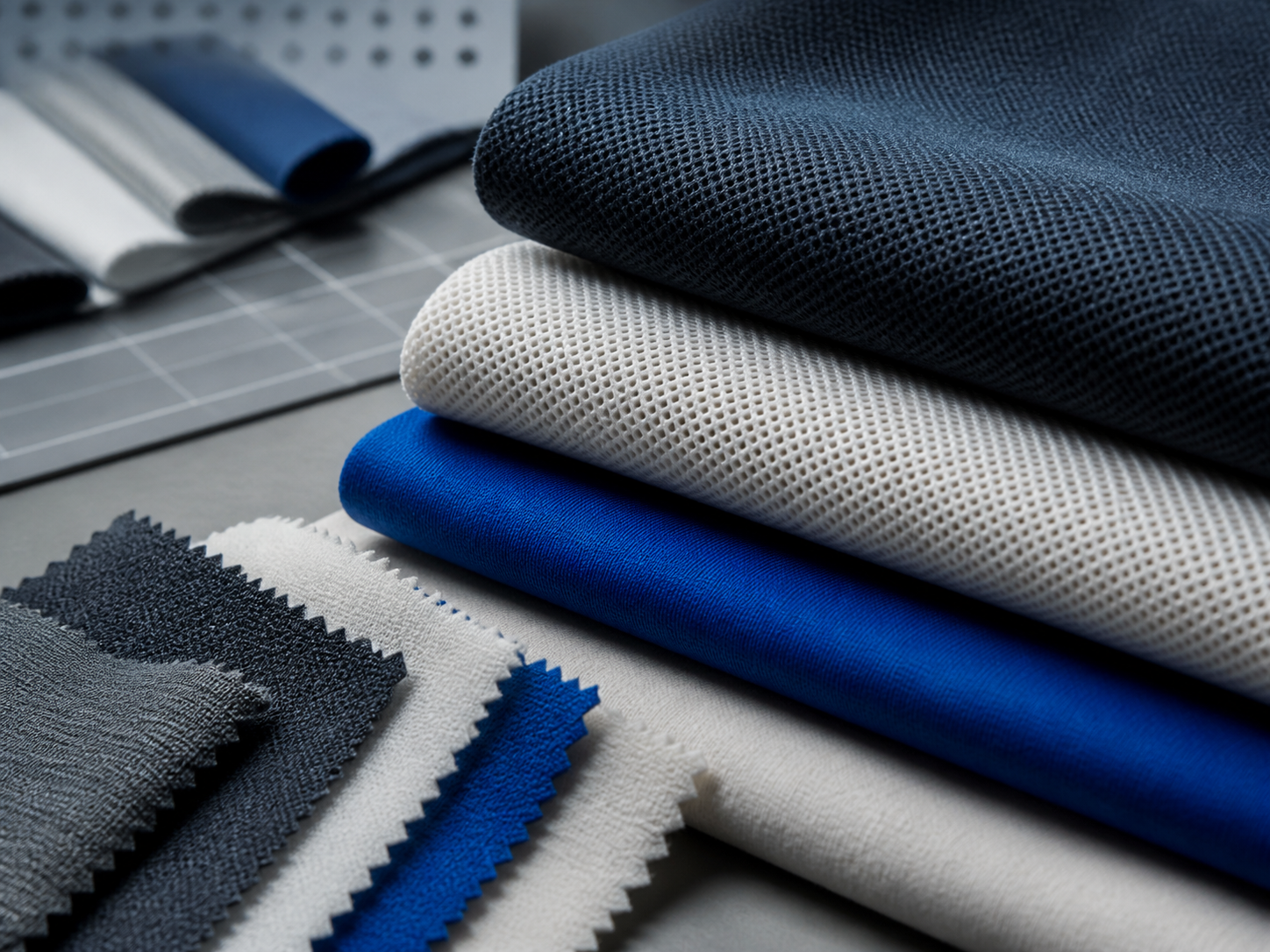 Performance knit and mesh fabric selection in cool neutral and cobalt colors