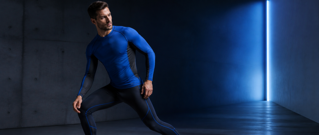 Adult male model wearing cobalt and charcoal performance apparel