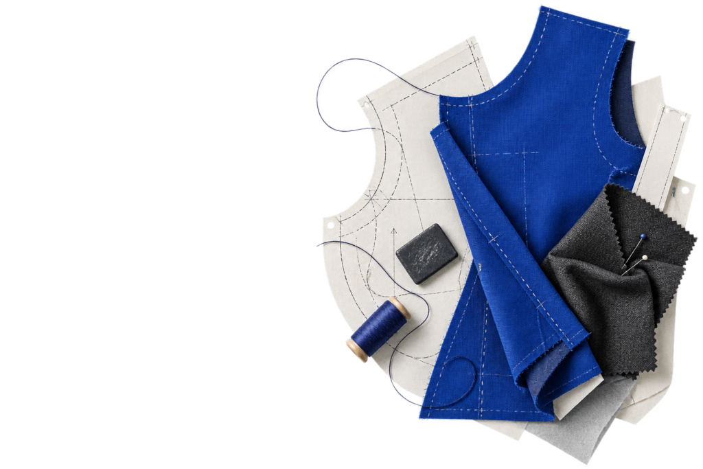 Garment pattern, stitching and cobalt fabric development collage