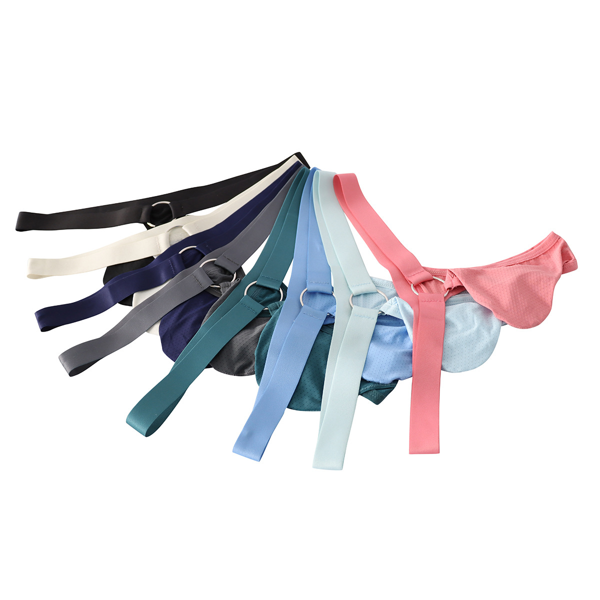 Assorted colors of men's anatomical mesh pouch thongs
