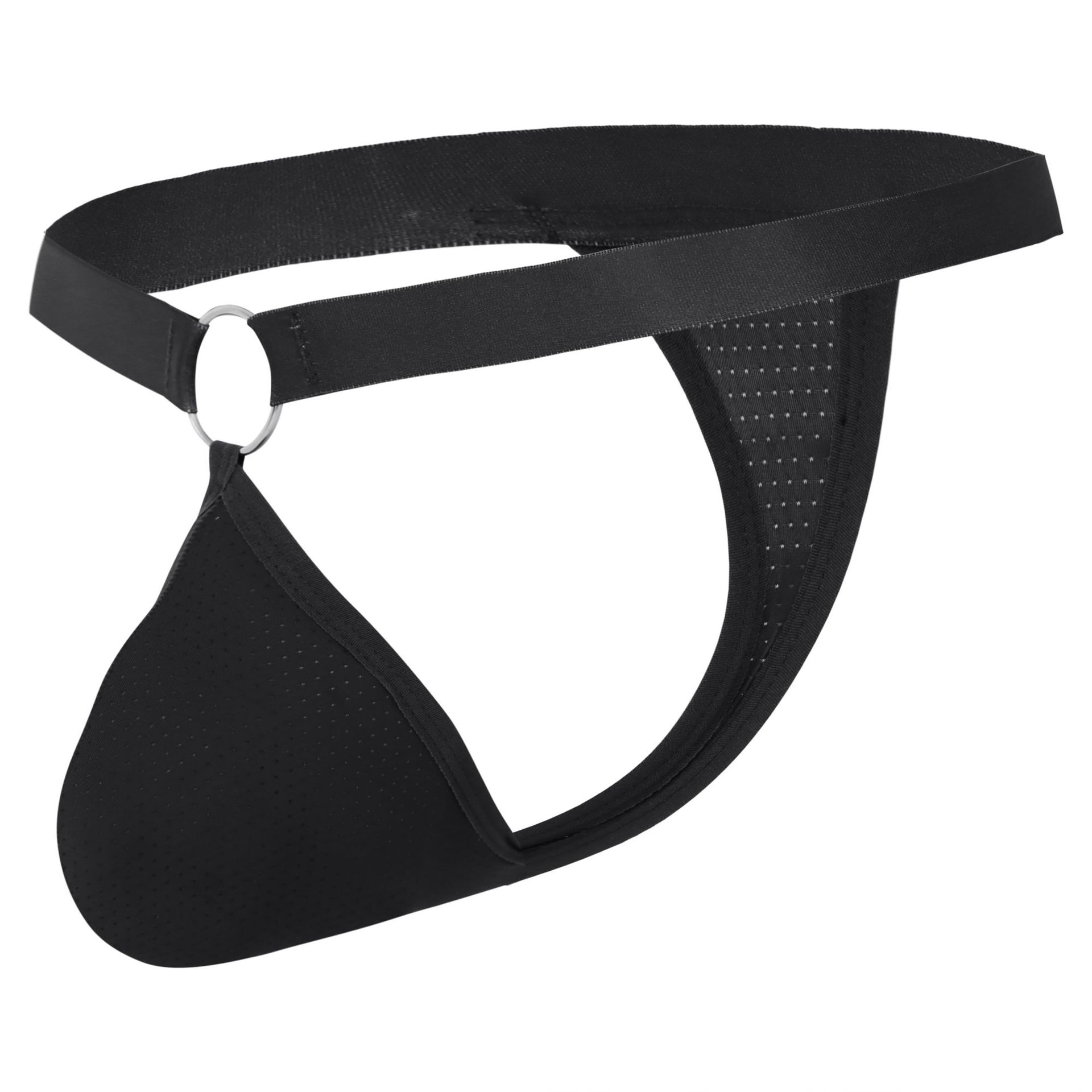 Black men's anatomical mesh pouch thong with ring connector