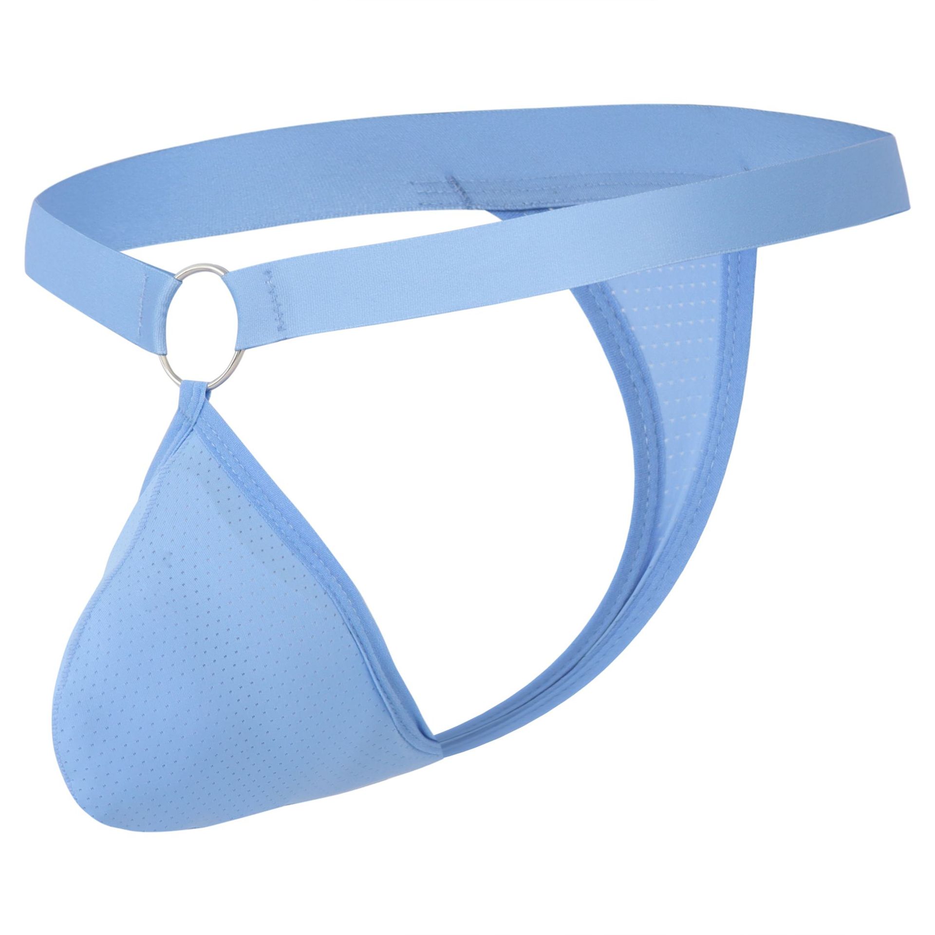 Light blue men's anatomical mesh pouch thong with ring connector