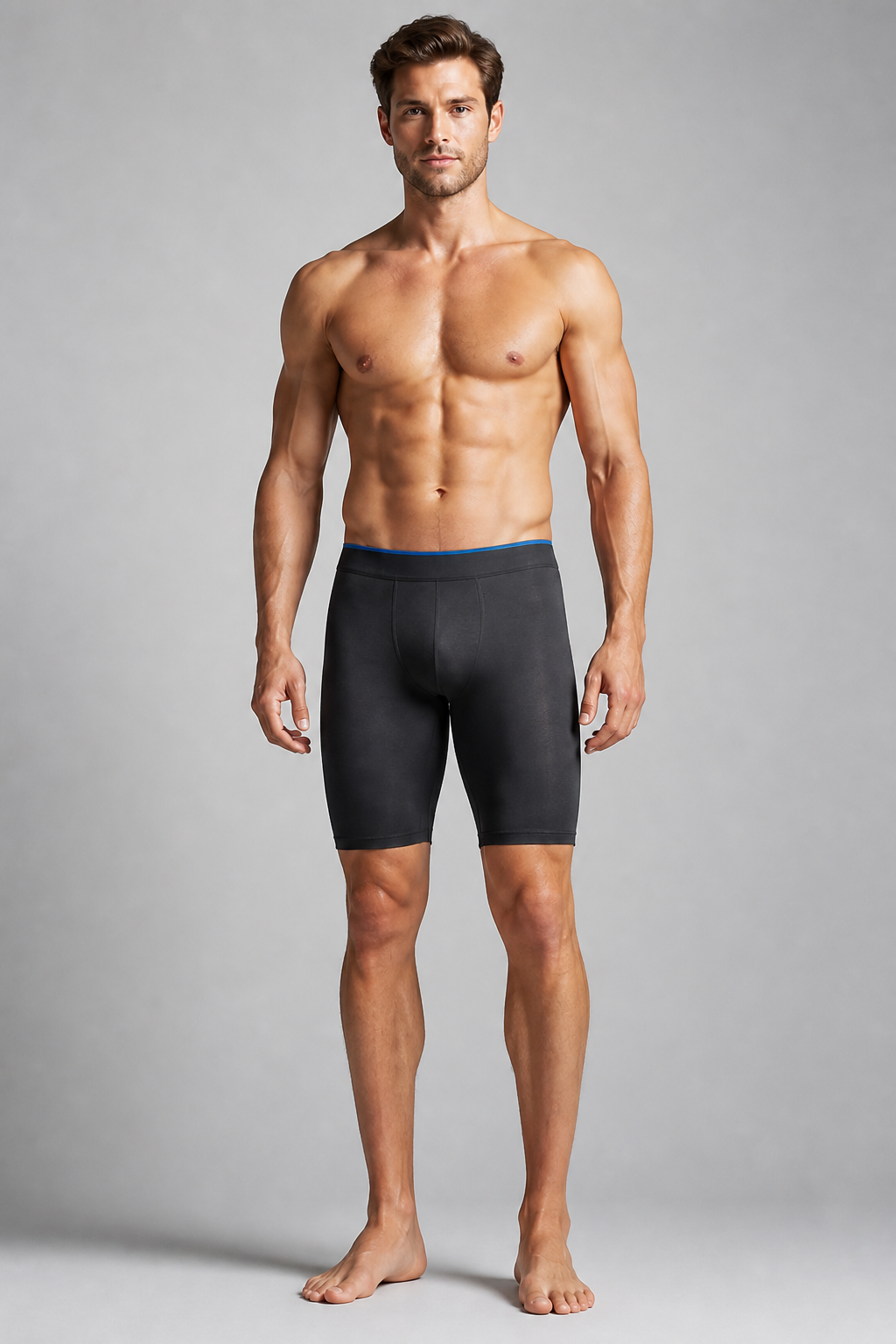 Adult male model wearing charcoal seamless boxer brief in front view