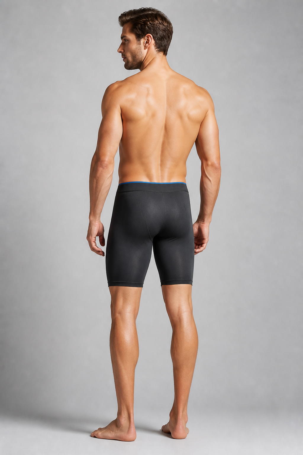 Adult male model showing rear fit of charcoal seamless boxer brief