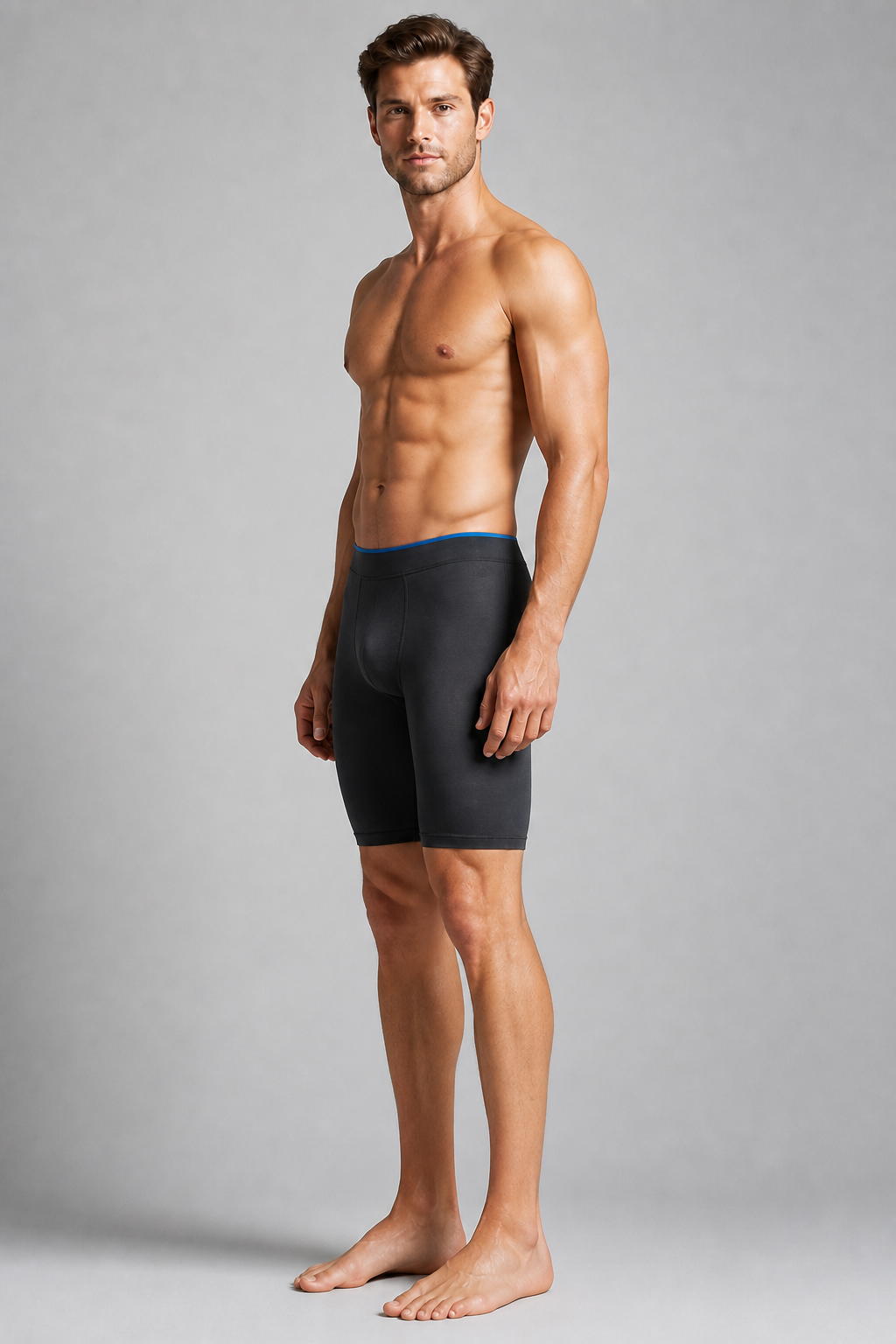 Adult male model showing side fit and waistband of charcoal seamless boxer brief