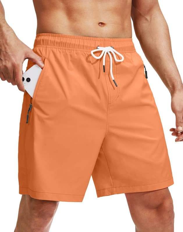 Orange drawstring swim shorts with side pockets