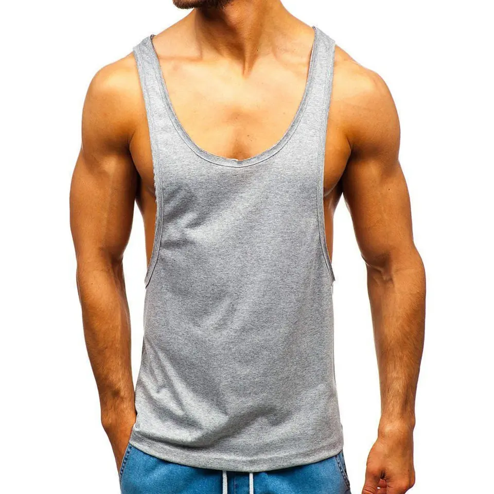 Grey stringer tank top worn by a model